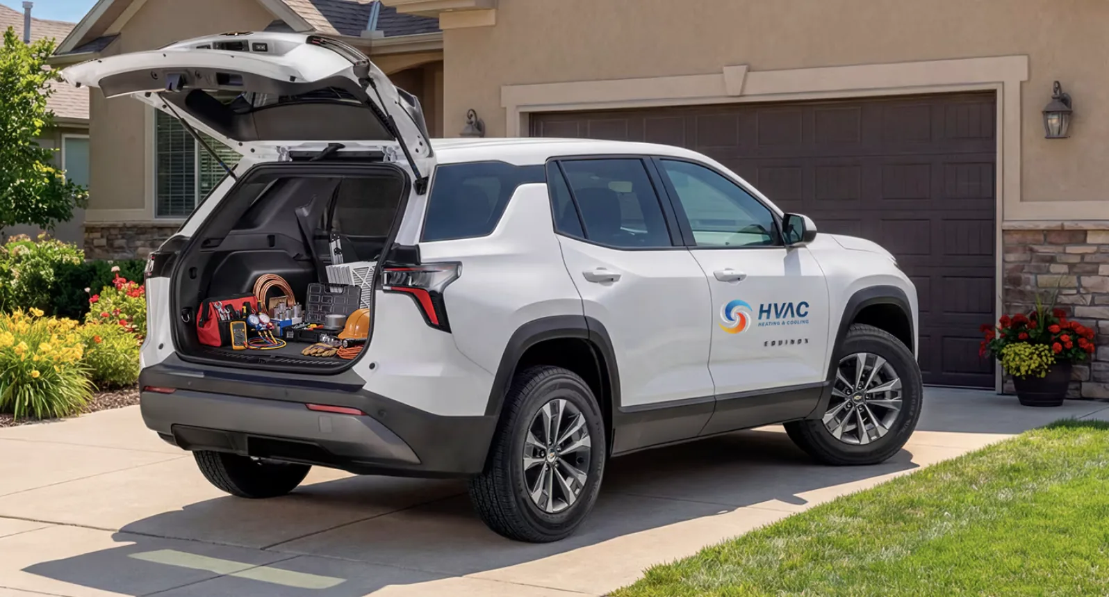 Chevrolet Equinox HVAC company service vehicle with the cargo area loaded with tools and equipment